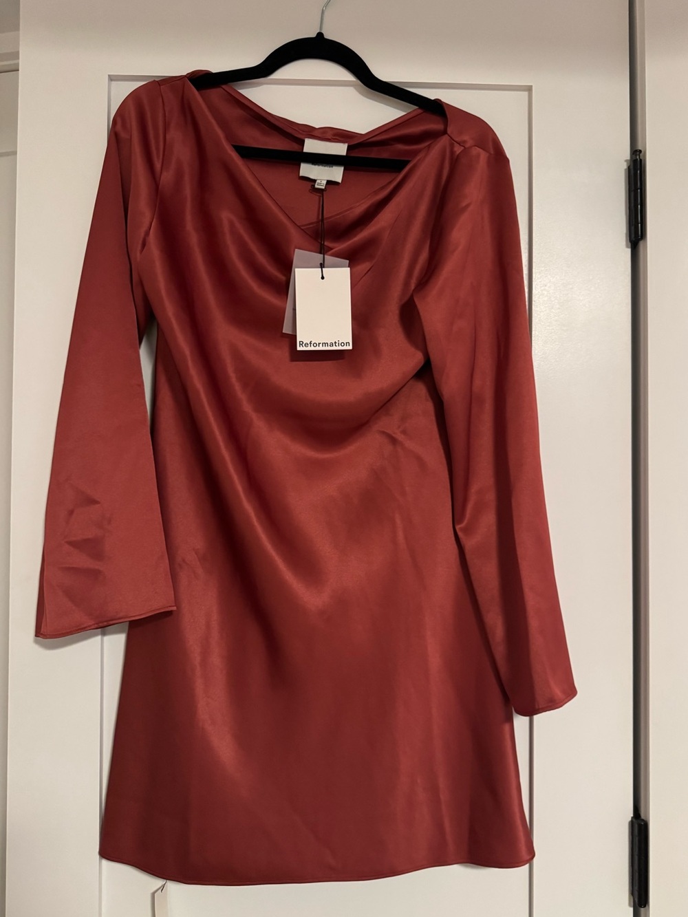 Reformation Pike Satin Long-Sleeve Cowl Neck Dress in Rosewood
